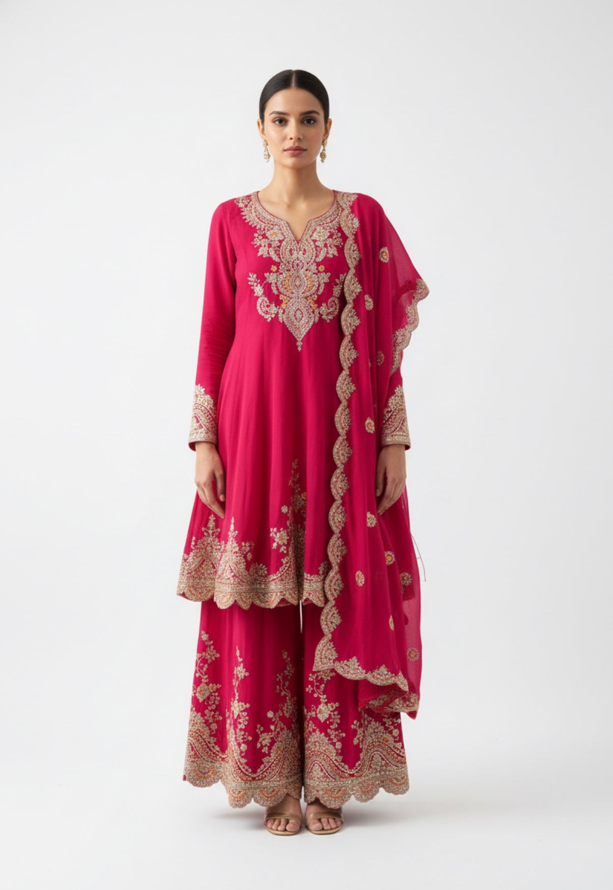 Fuchsia Gold Embroidered Sharara Suit