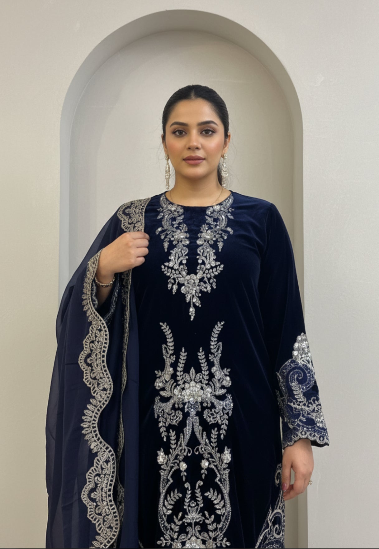 Navy Blue Velvet Embroidered Suit