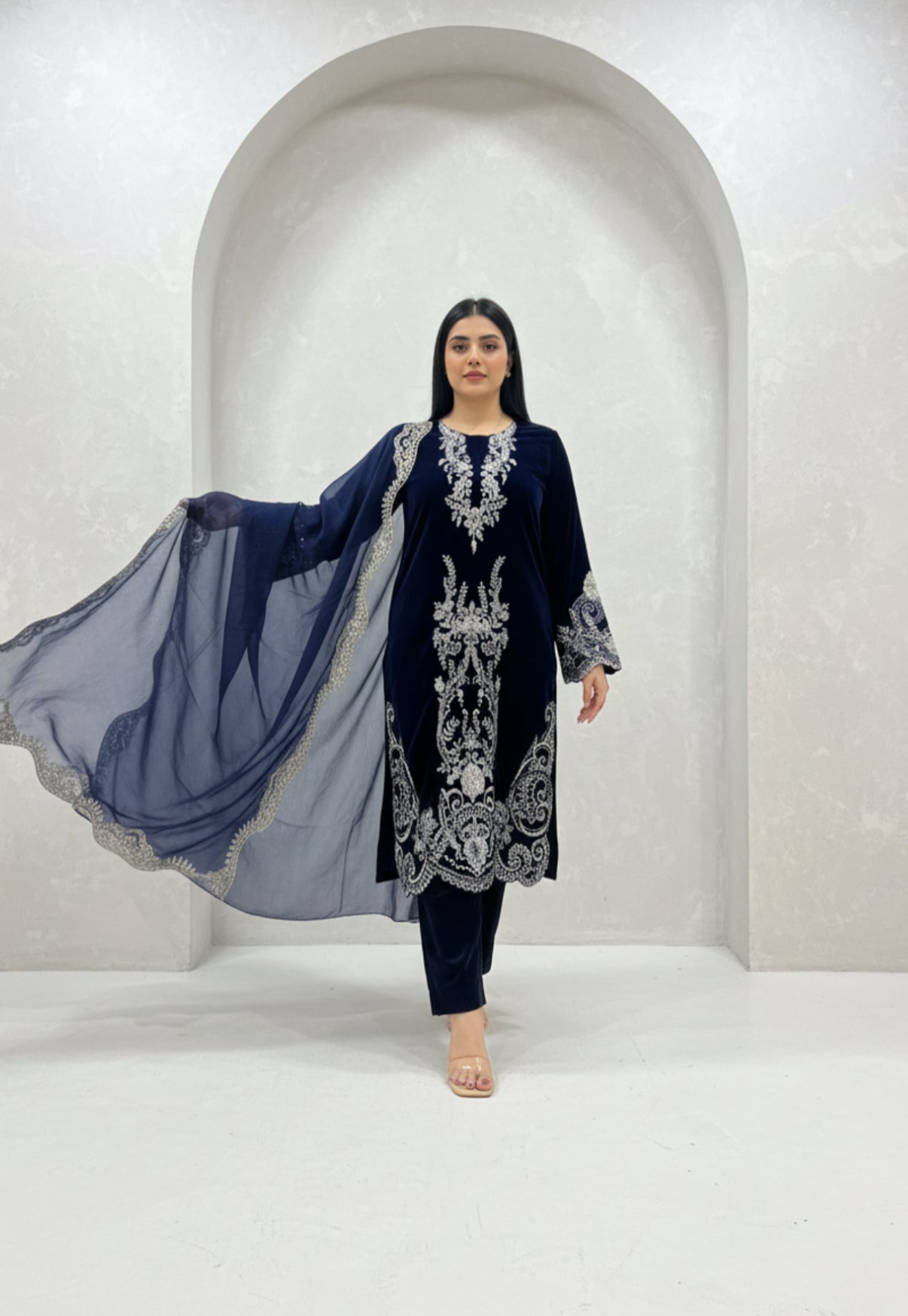 Navy Blue Velvet Embroidered Suit