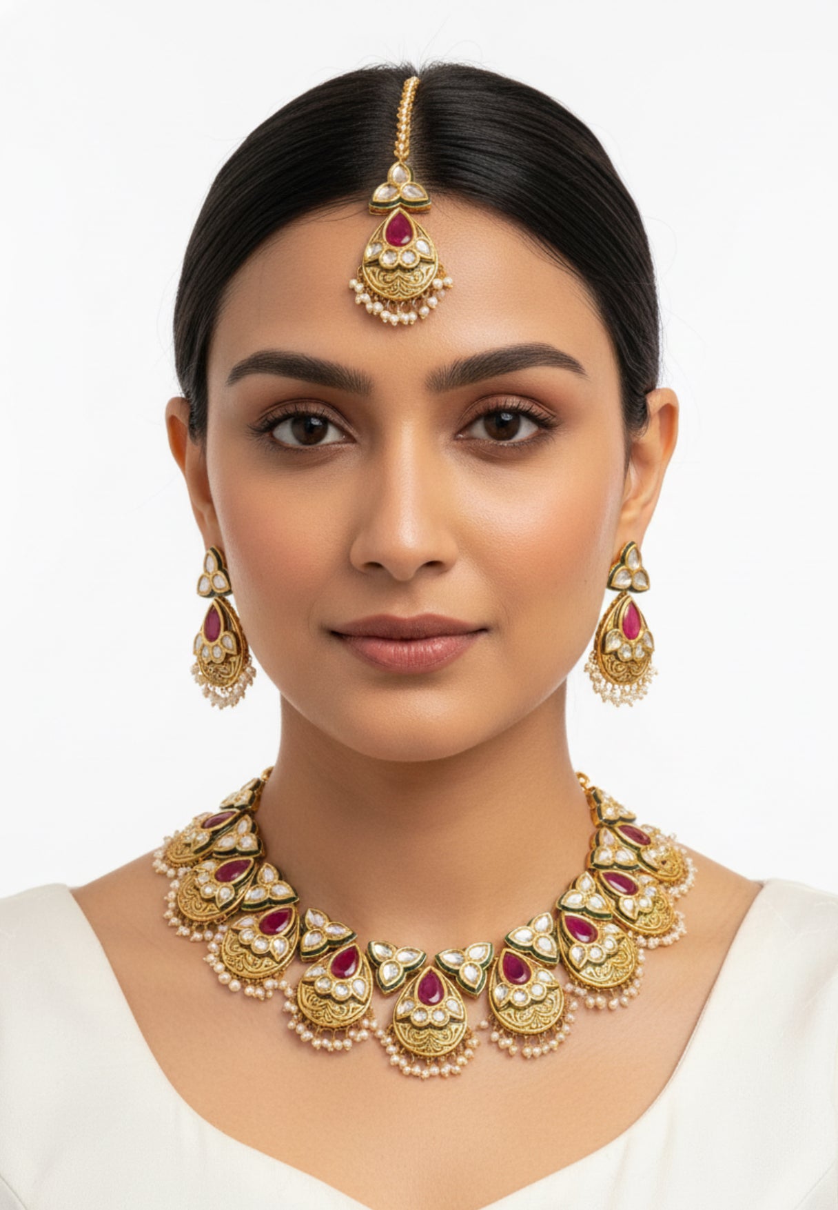 Gold, Ruby & Pearl Kundan Bridal Jewelry Set