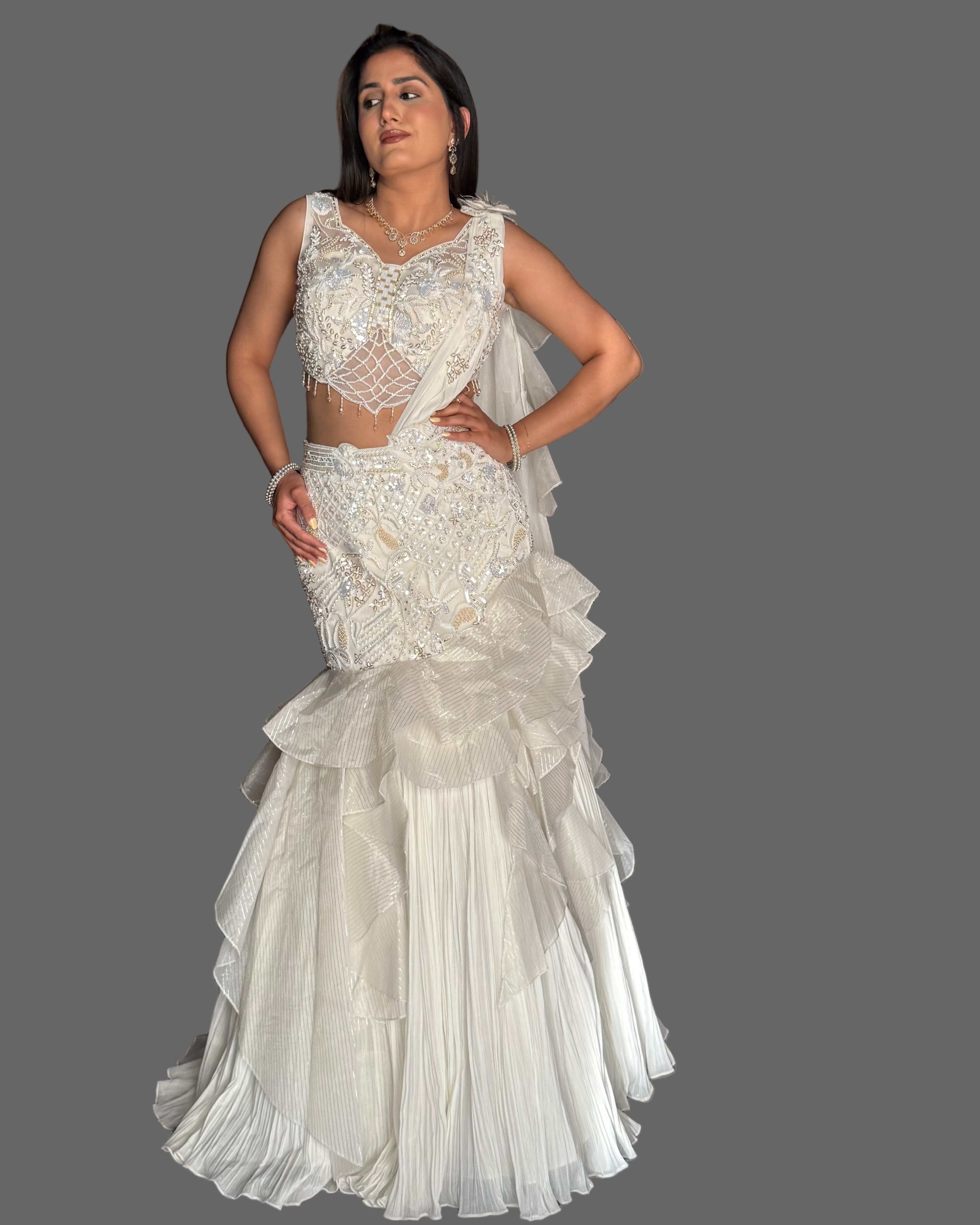 White Ruffle Lehenga Set