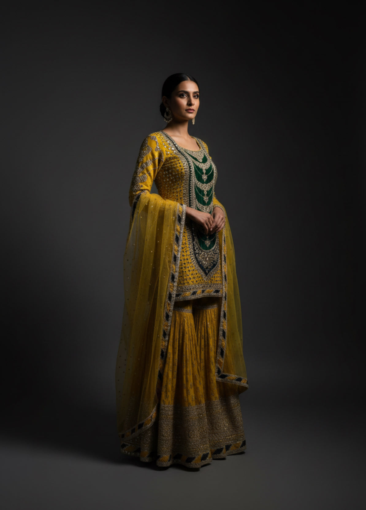 Yellow and Green Embroidered Sharara Set