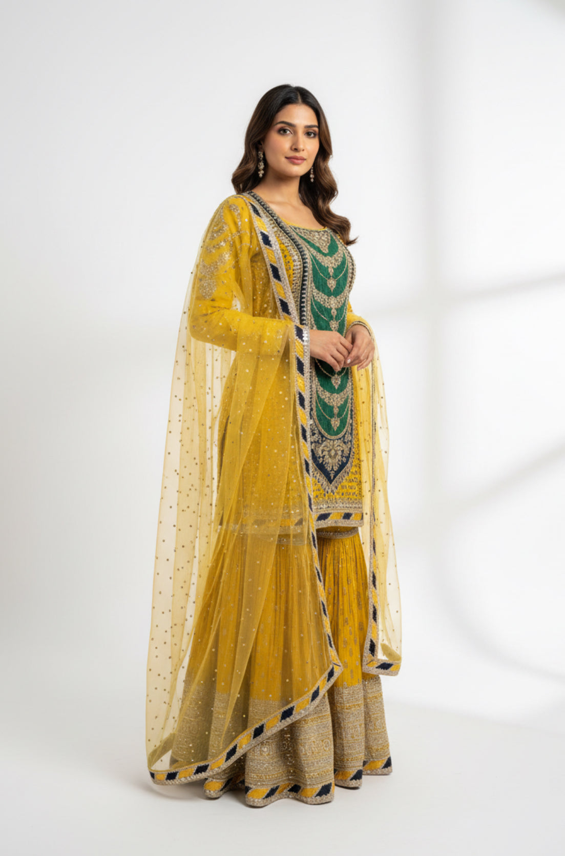 Yellow and Green Embroidered Sharara Set