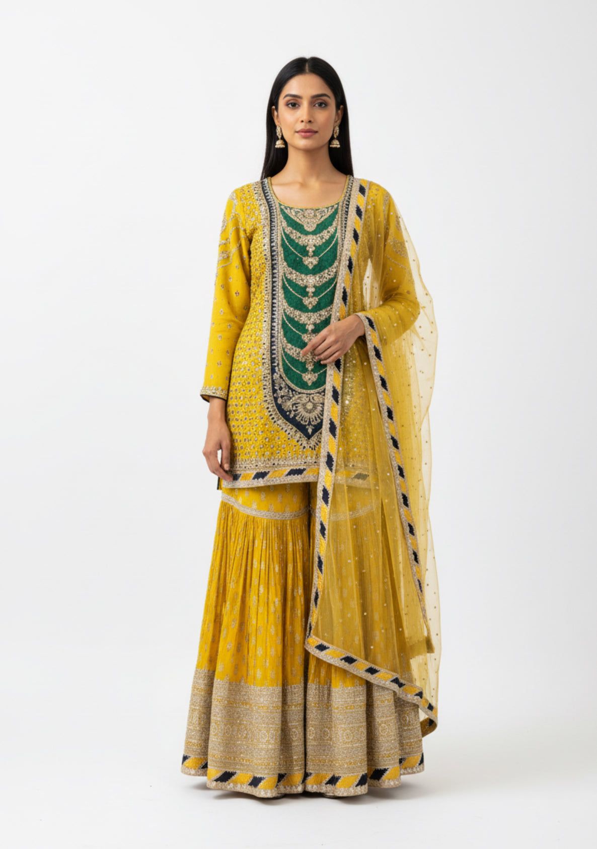 Yellow and Green Embroidered Sharara Set