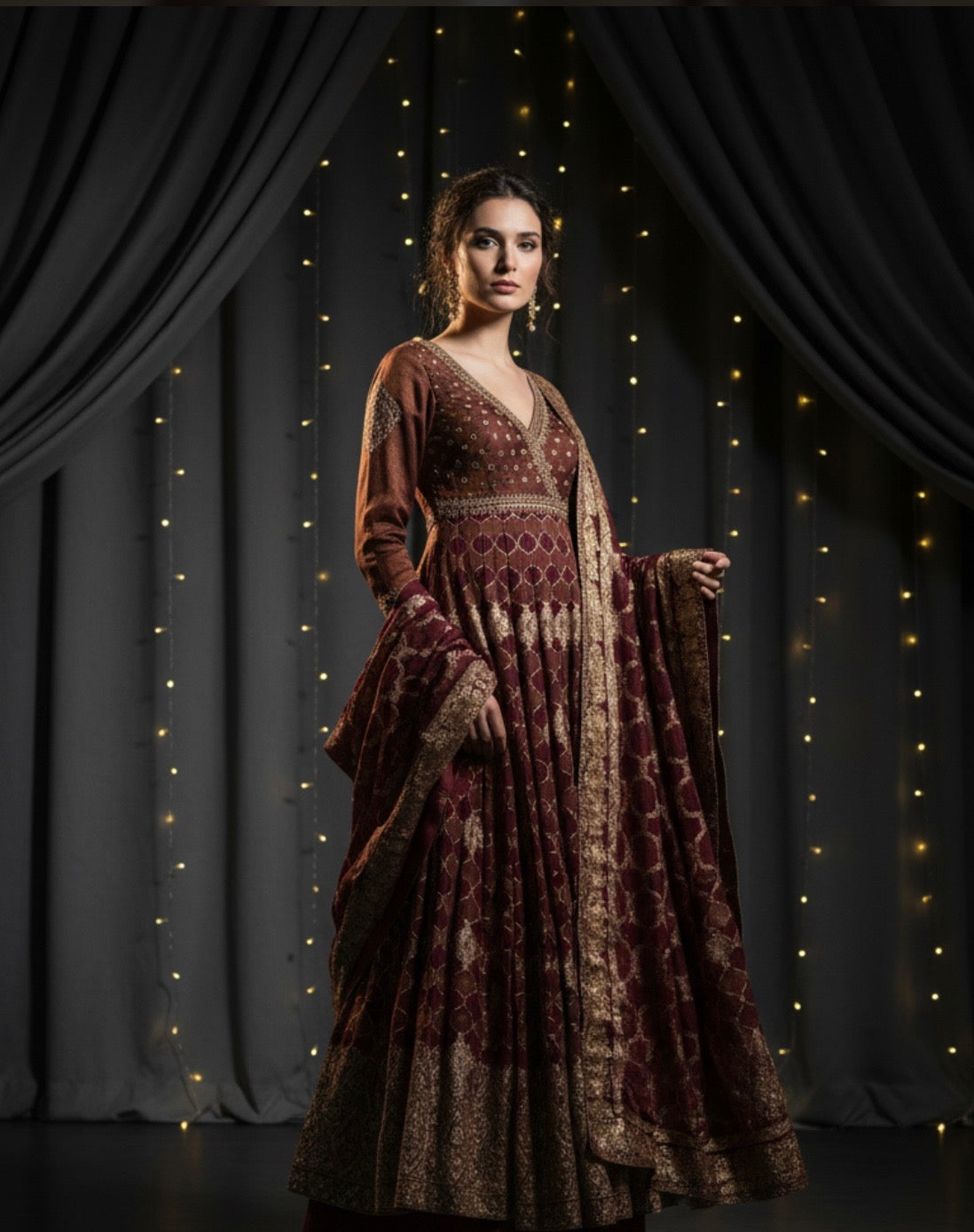 Maroon Velvet Long Anarkali with Golden Embroidery