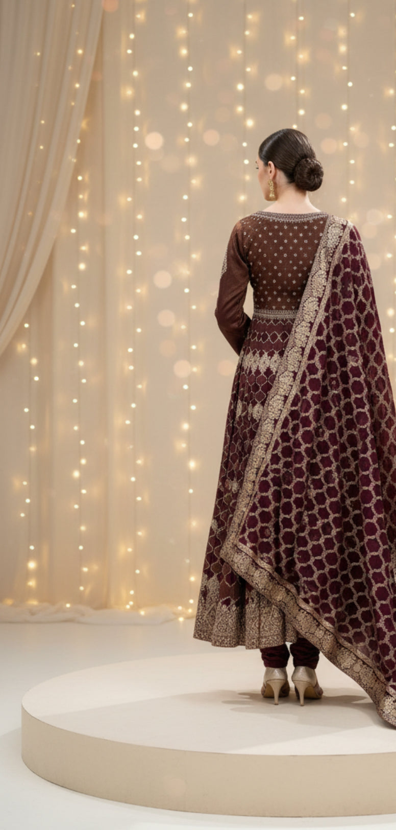 Maroon Velvet Long Anarkali with Golden Embroidery