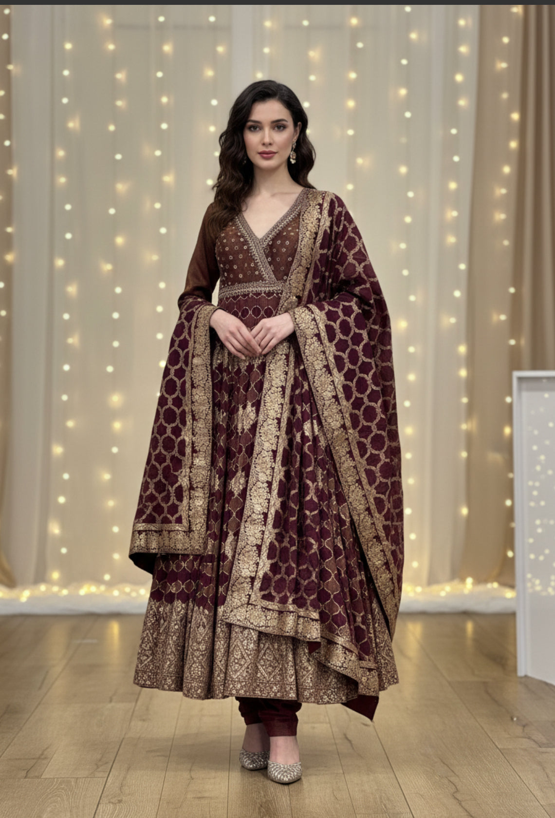 Maroon Velvet Long Anarkali with Golden Embroidery