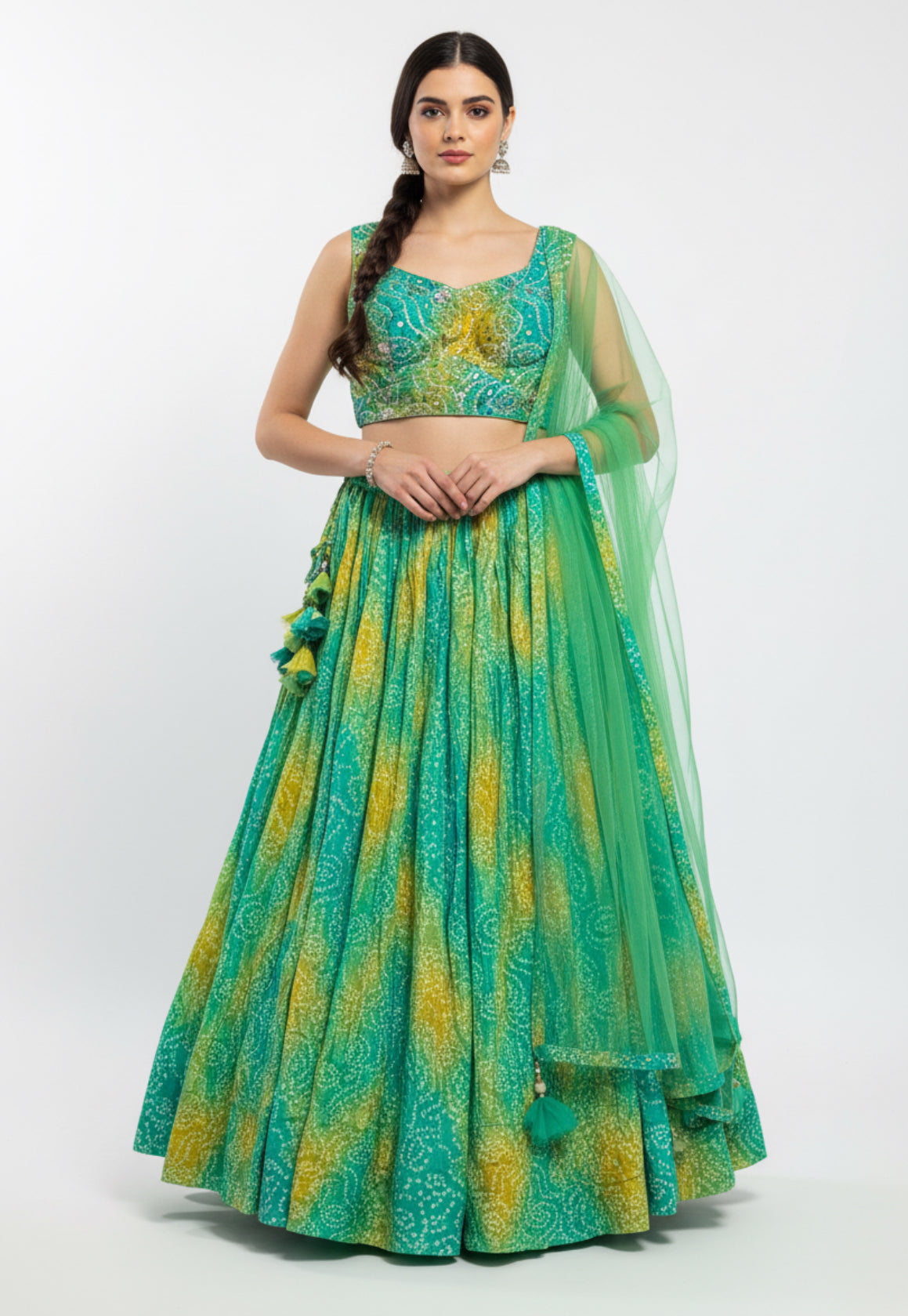 Green Bandhani Print Lehenga Set with Embellished Blouse & Net Dupatta