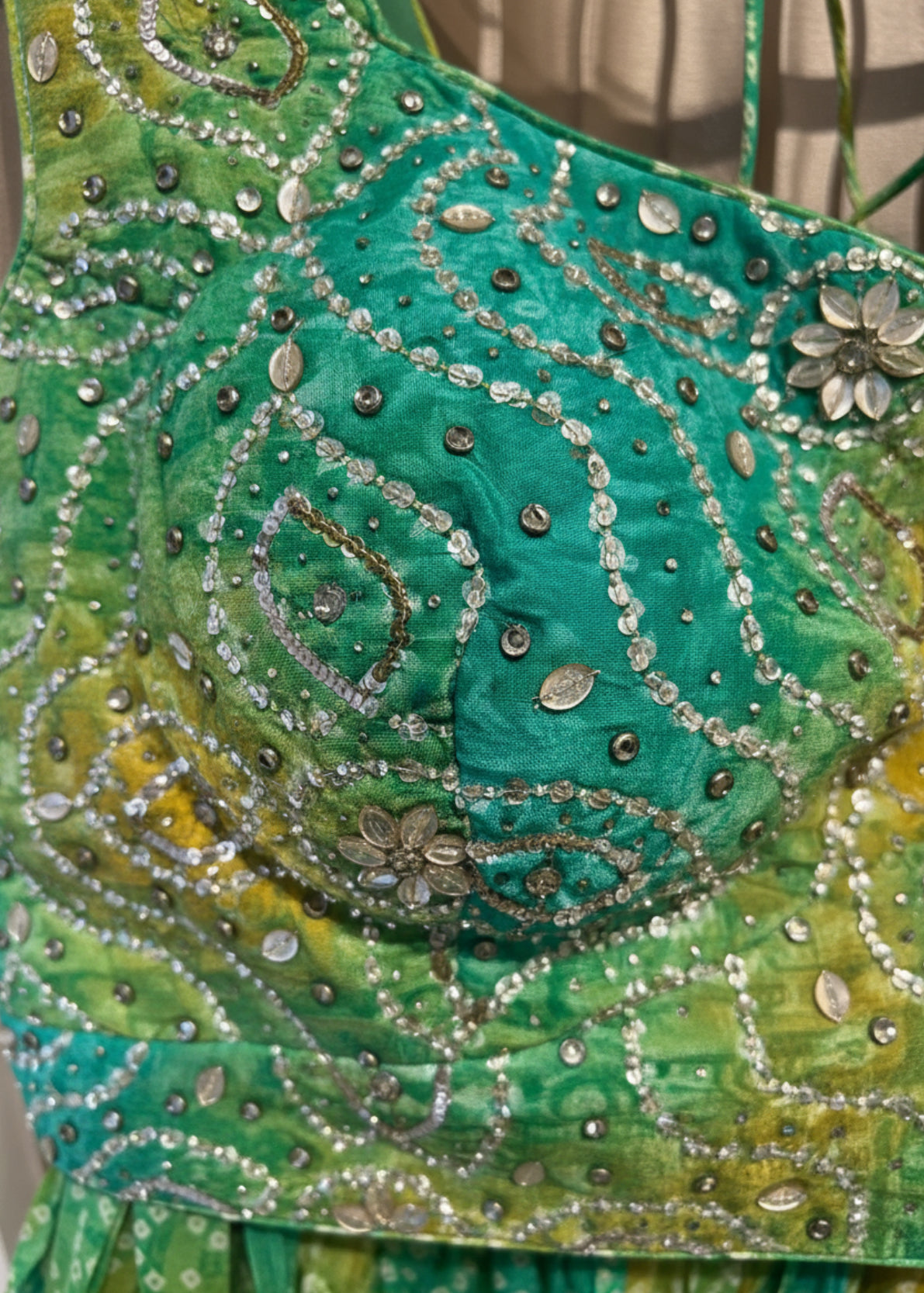 Green Bandhani Print Lehenga Set with Embellished Blouse & Net Dupatta