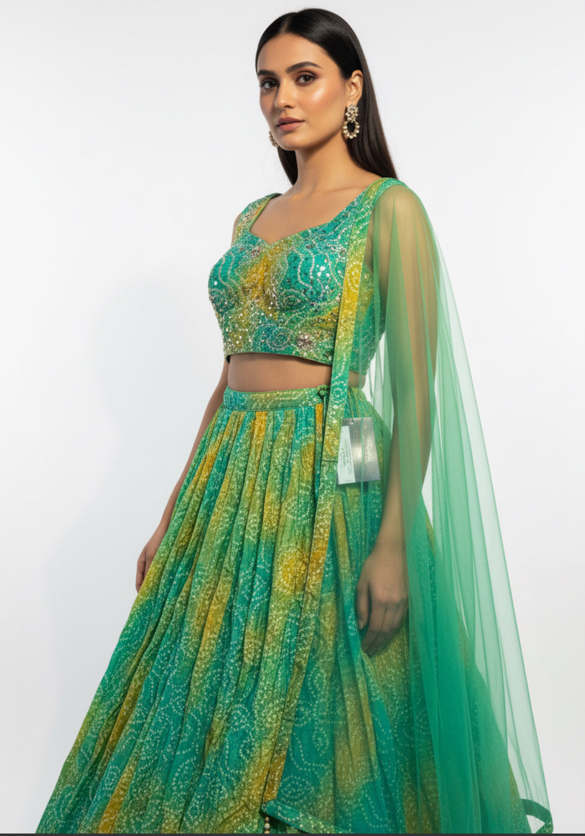 Green Bandhani Print Lehenga Set with Embellished Blouse & Net Dupatta