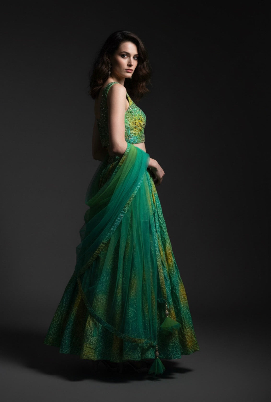 Green Bandhani Print Lehenga Set with Embellished Blouse & Net Dupatta