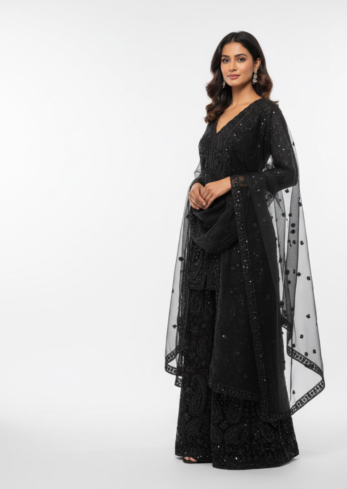 Black Embroidered Sharara Set with Dupatta