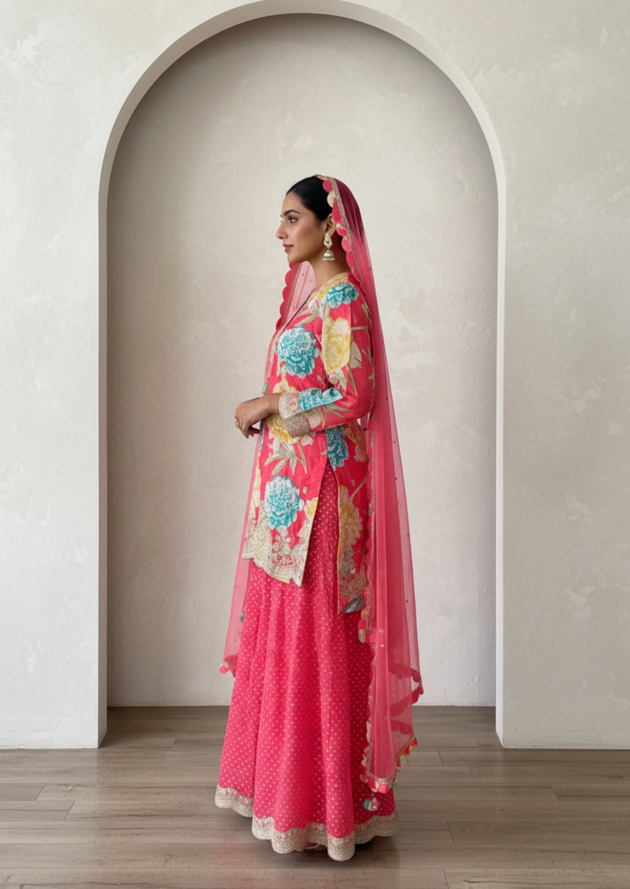 Pink Floral Kurta Sharara Set with Net Dupatta