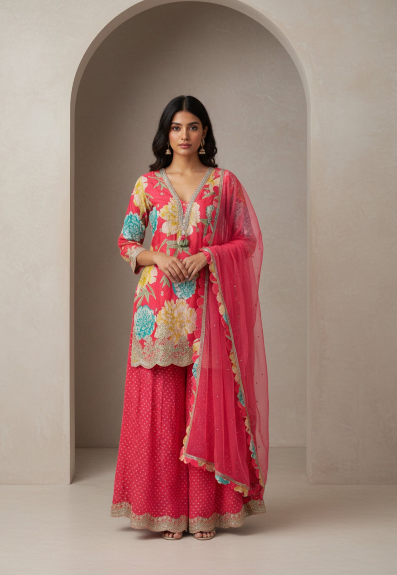 Pink Floral Kurta Sharara Set with Net Dupatta