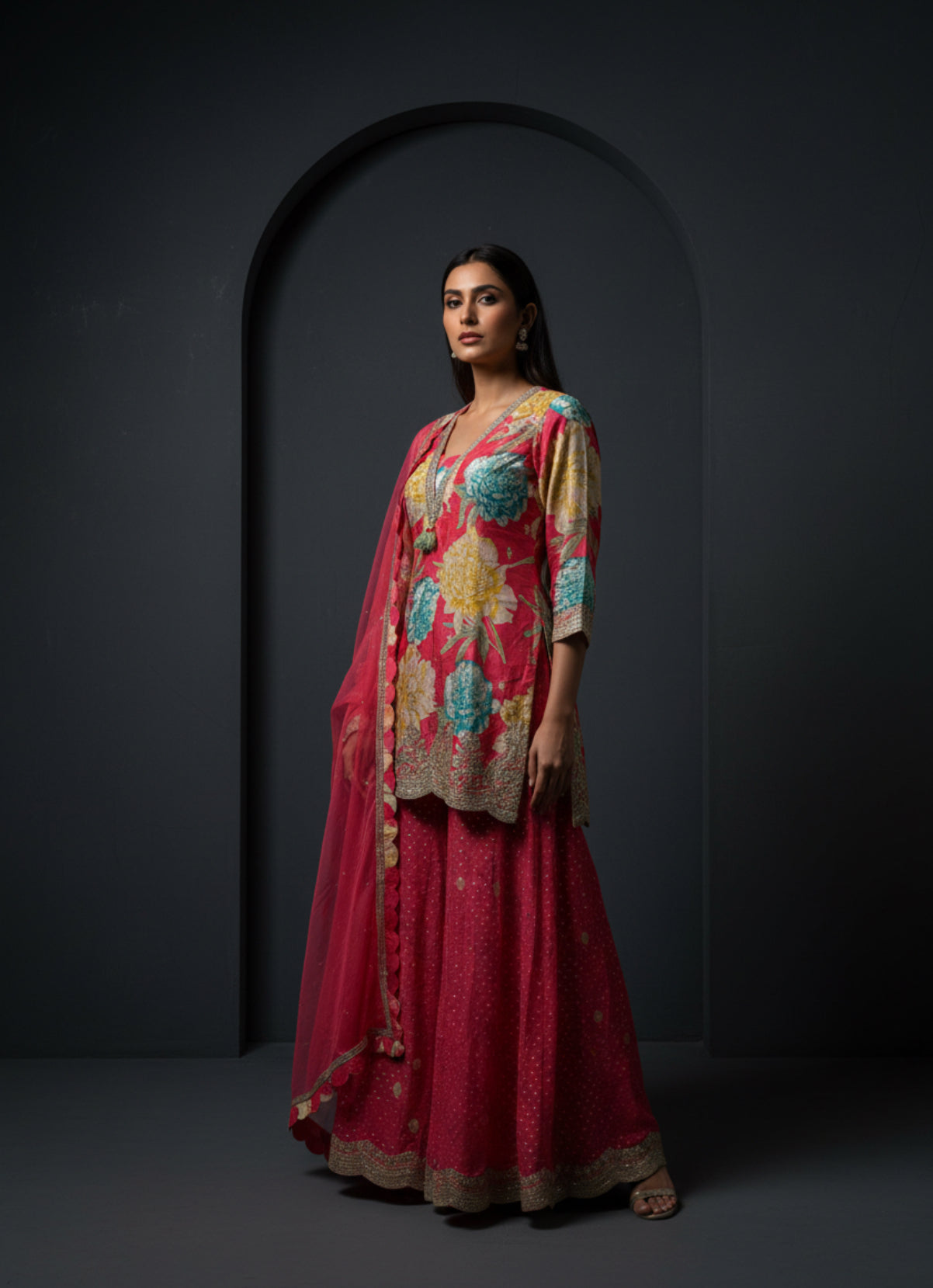 Pink Floral Kurta Sharara Set with Net Dupatta