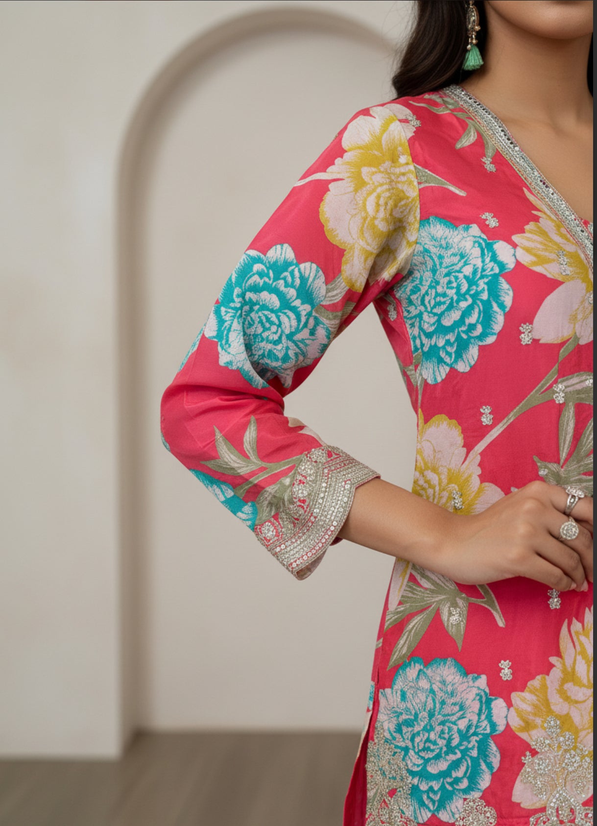 Pink Floral Kurta Sharara Set with Net Dupatta