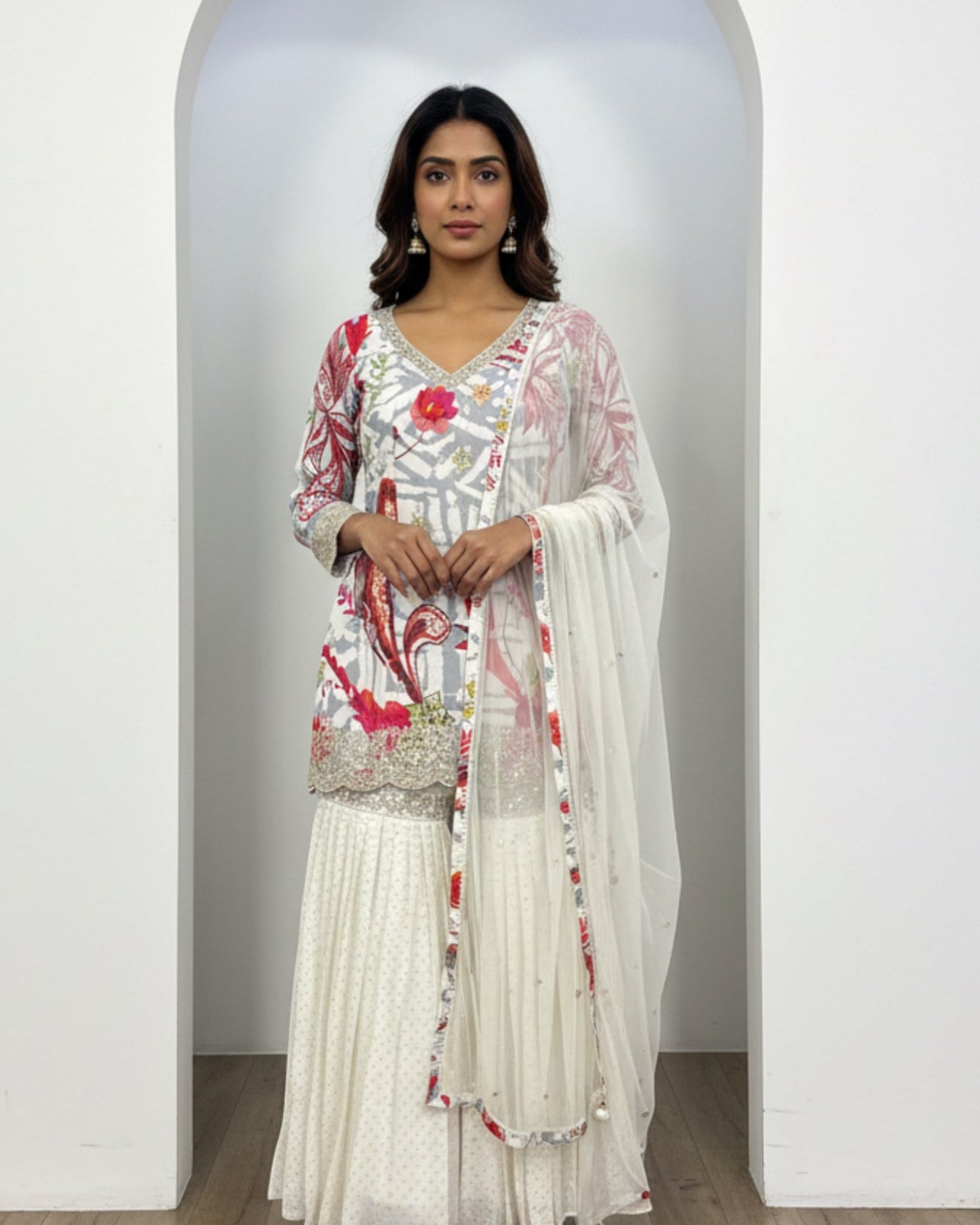 White Floral Printed Sharara Set