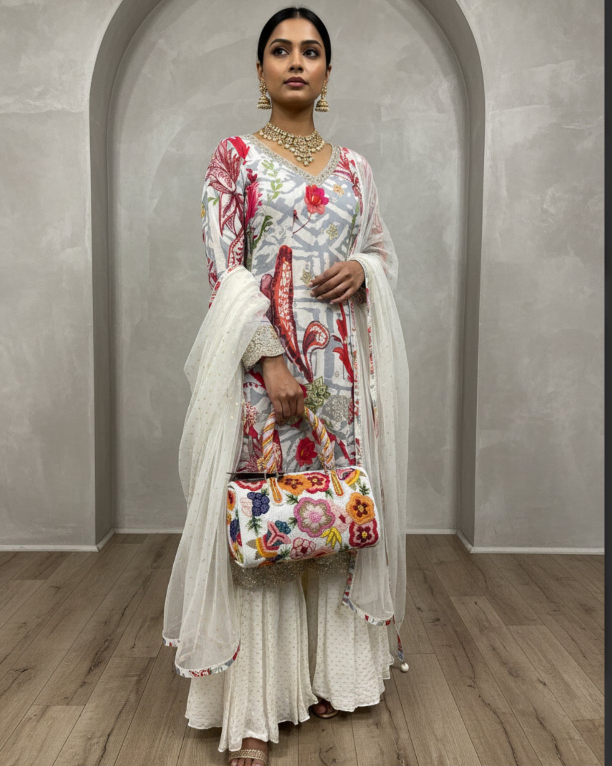 White Floral Printed Sharara Set
