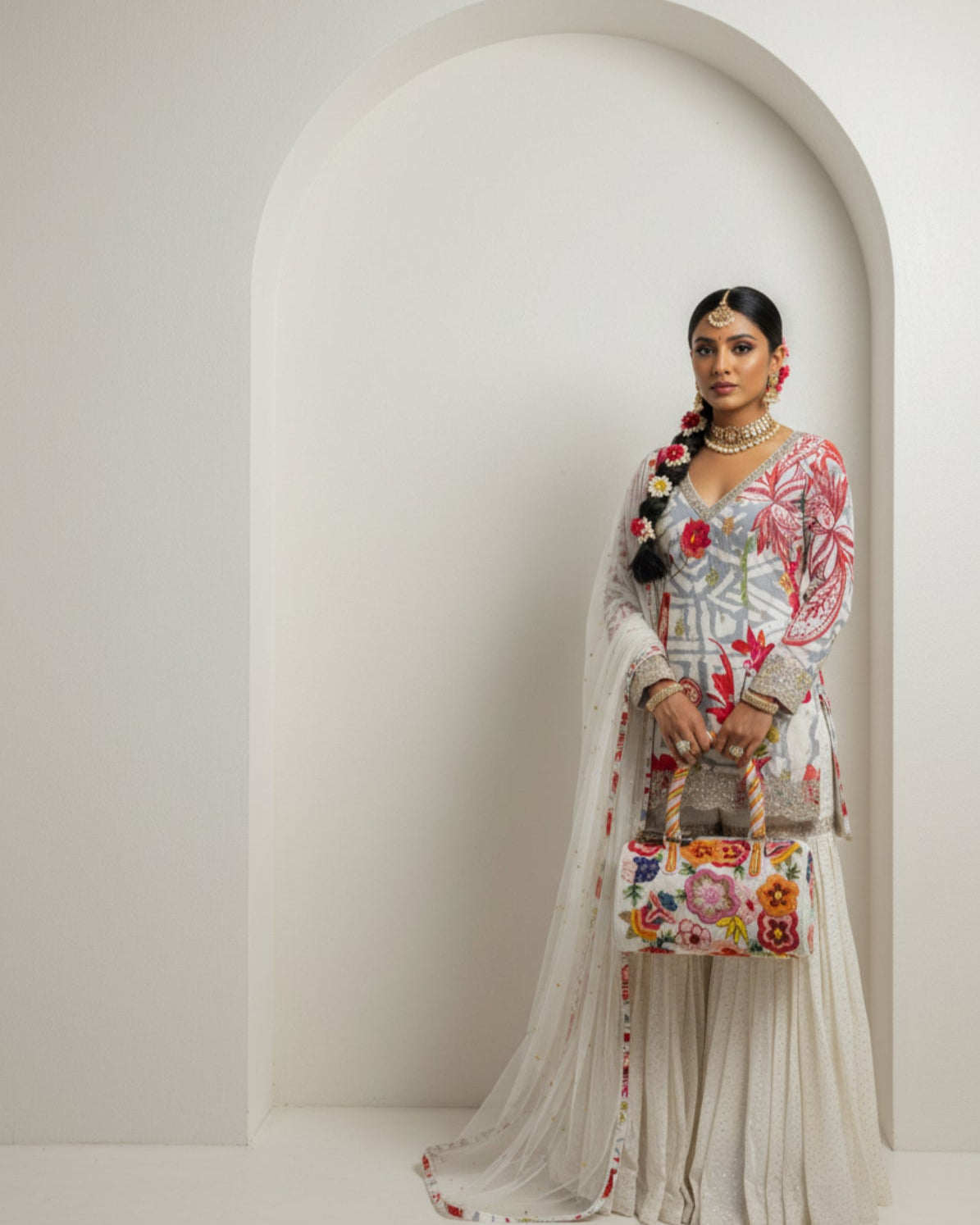 White Floral Printed Sharara Set
