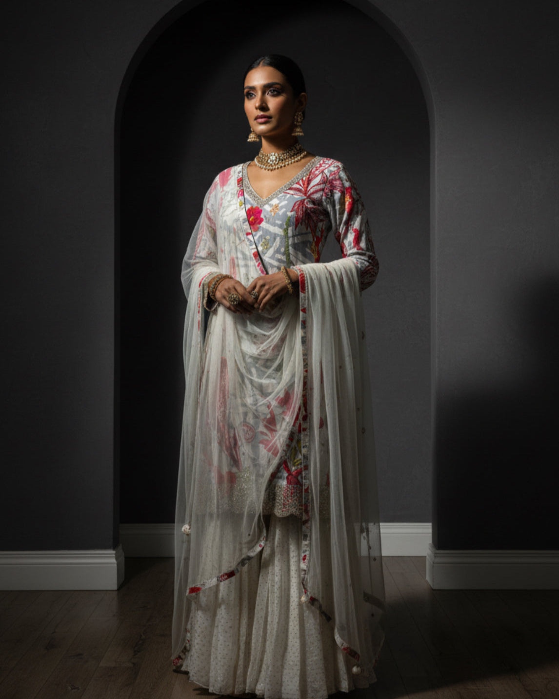 White Floral Printed Sharara Set