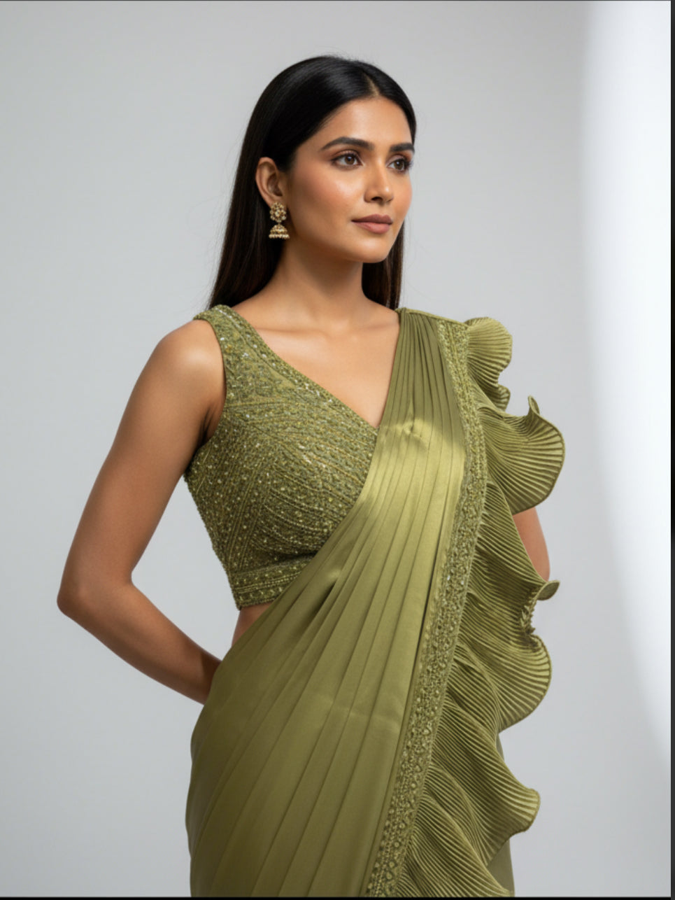 Olive Designer Drape Saree