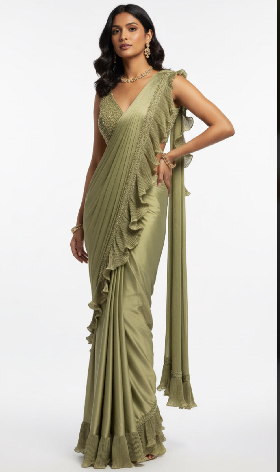 Olive Designer Drape Saree