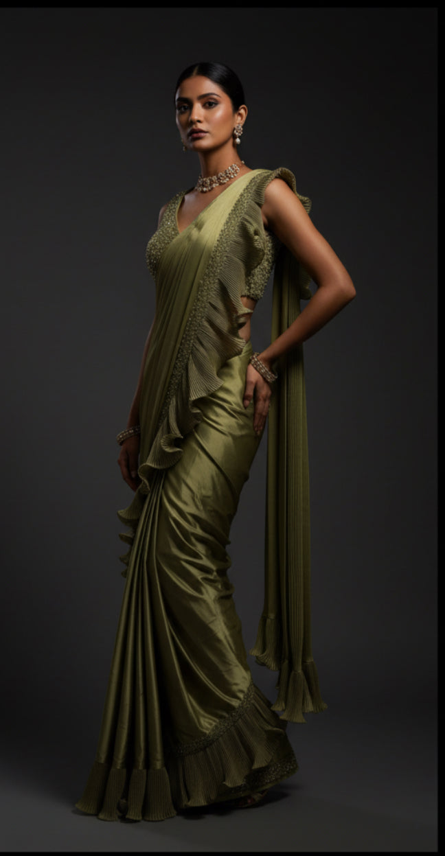Olive Designer Drape Saree