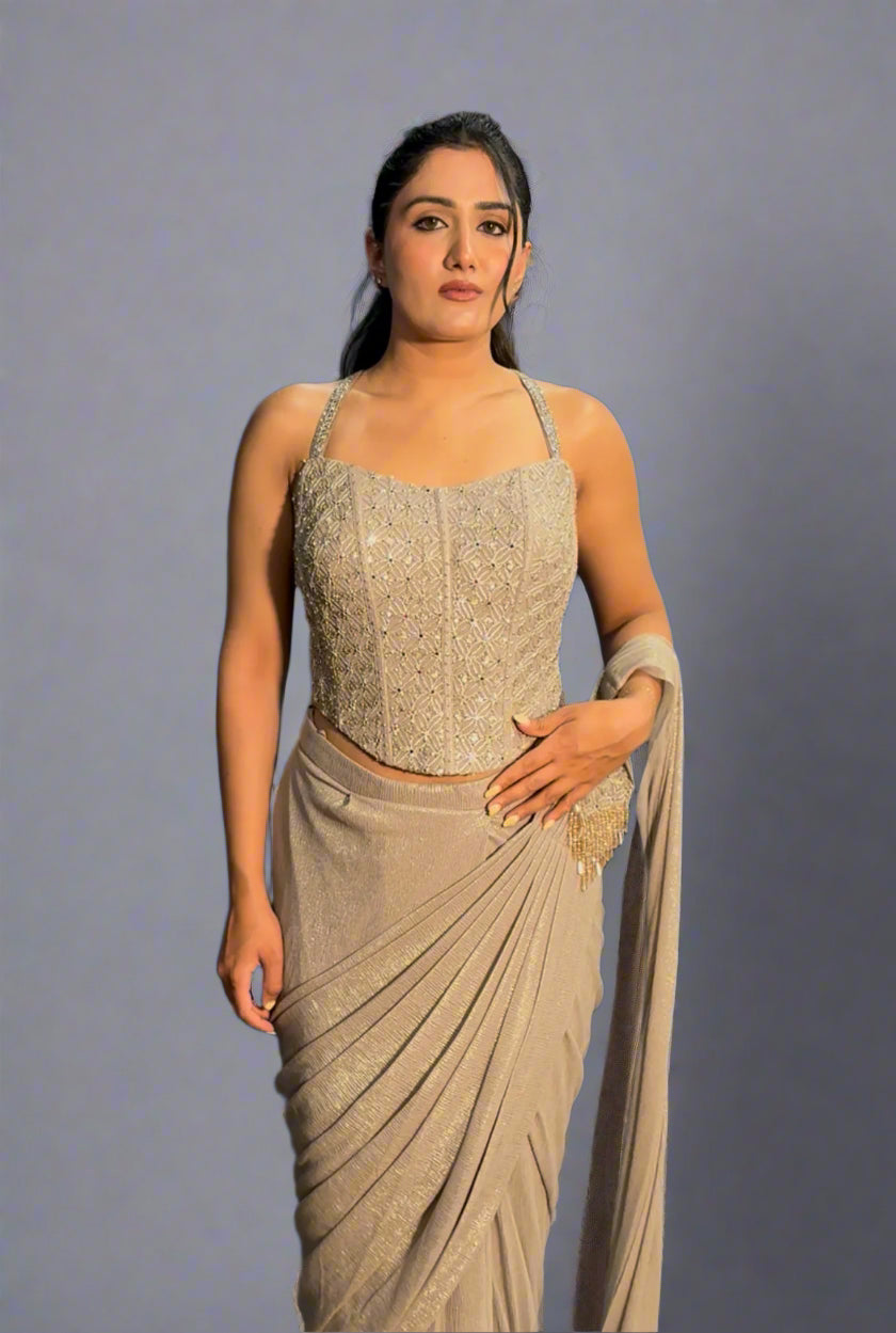 Champagne Beige Designer Drape Saree