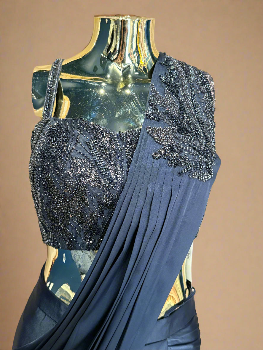 Navy Blue Pre-Draped Saree Gown with Sequined Blouse