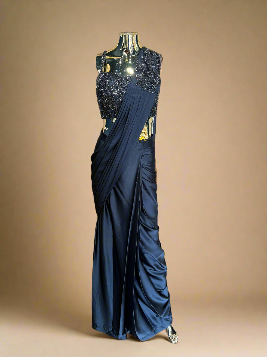 Navy Blue Pre-Draped Saree Gown with Sequined Blouse