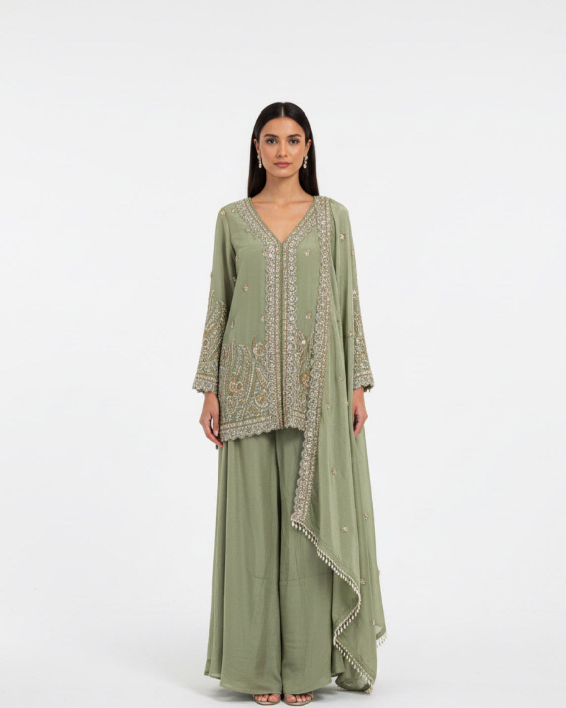 Sage Green Embroidered Kurta Set with Palazzo & Dupatta