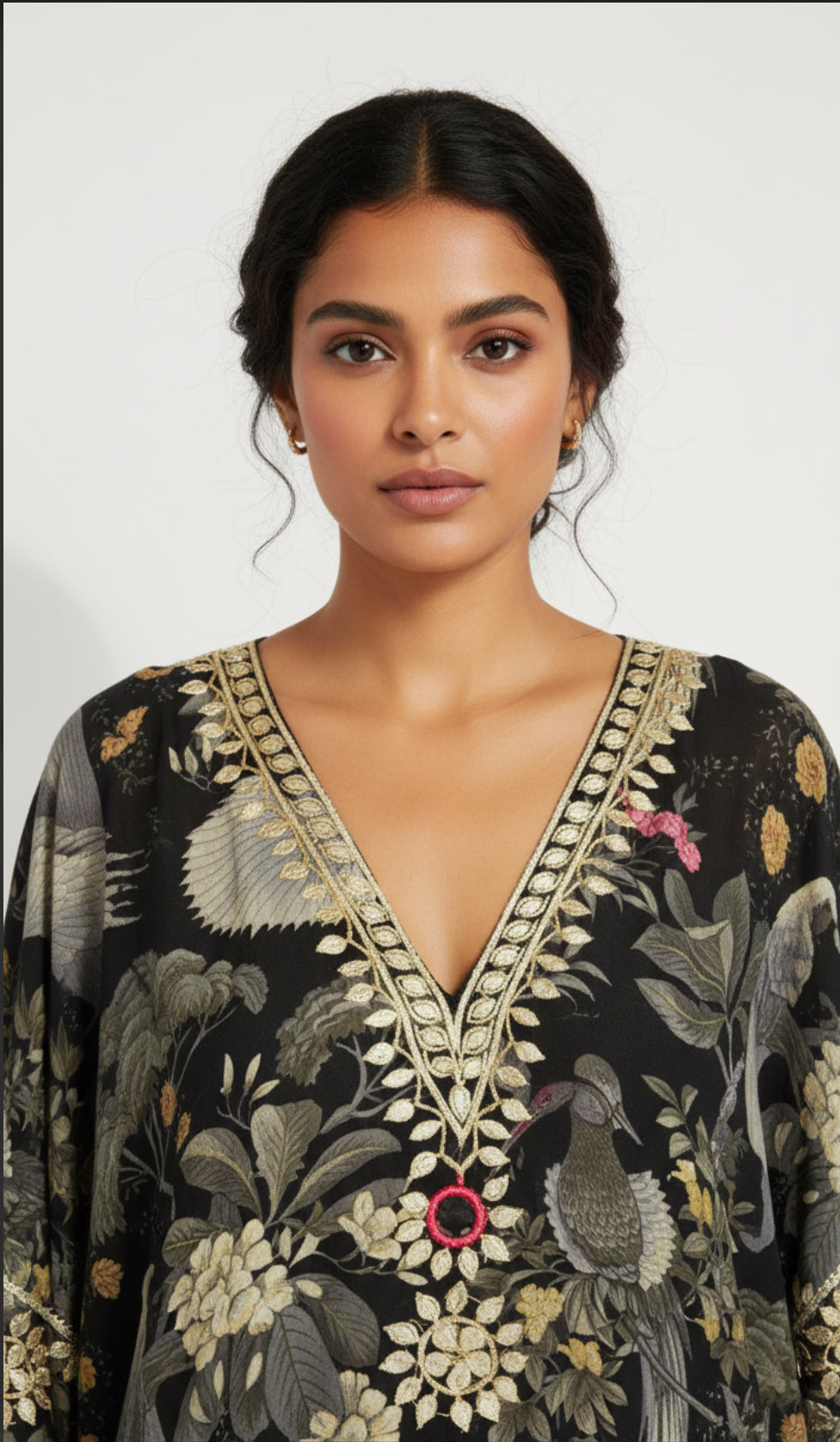 Black Printed Kaftan Set with Embroidery