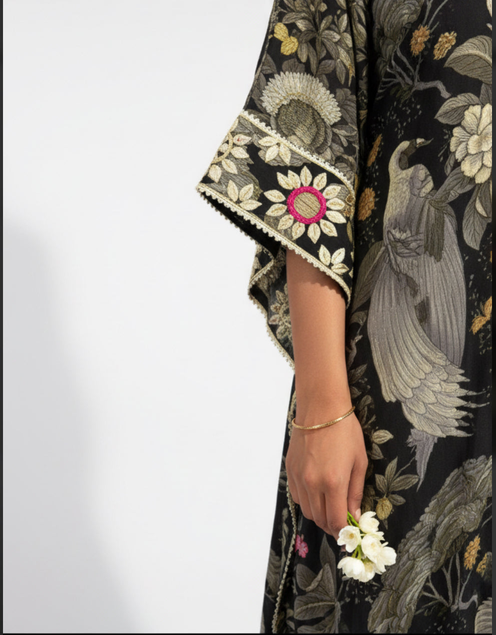 Black Printed Kaftan Set with Embroidery