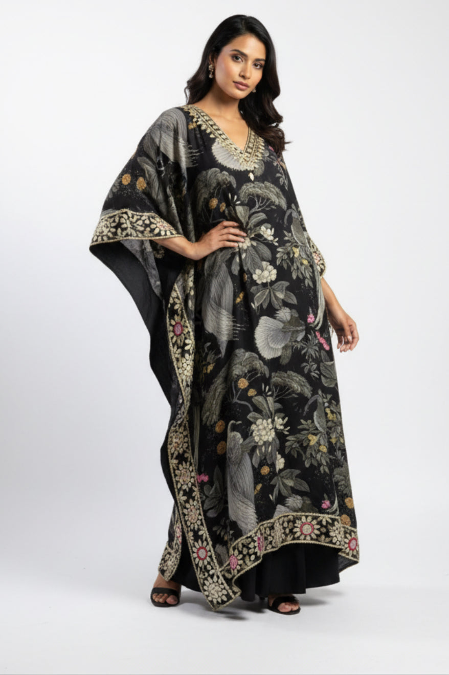 Black Printed Kaftan Set with Embroidery