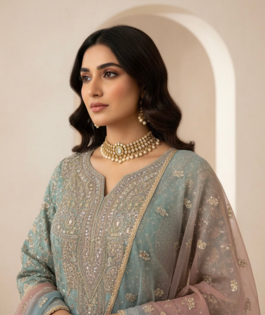 Aqua & Blush Embroidered Plazzo Suit Set with Dupatta