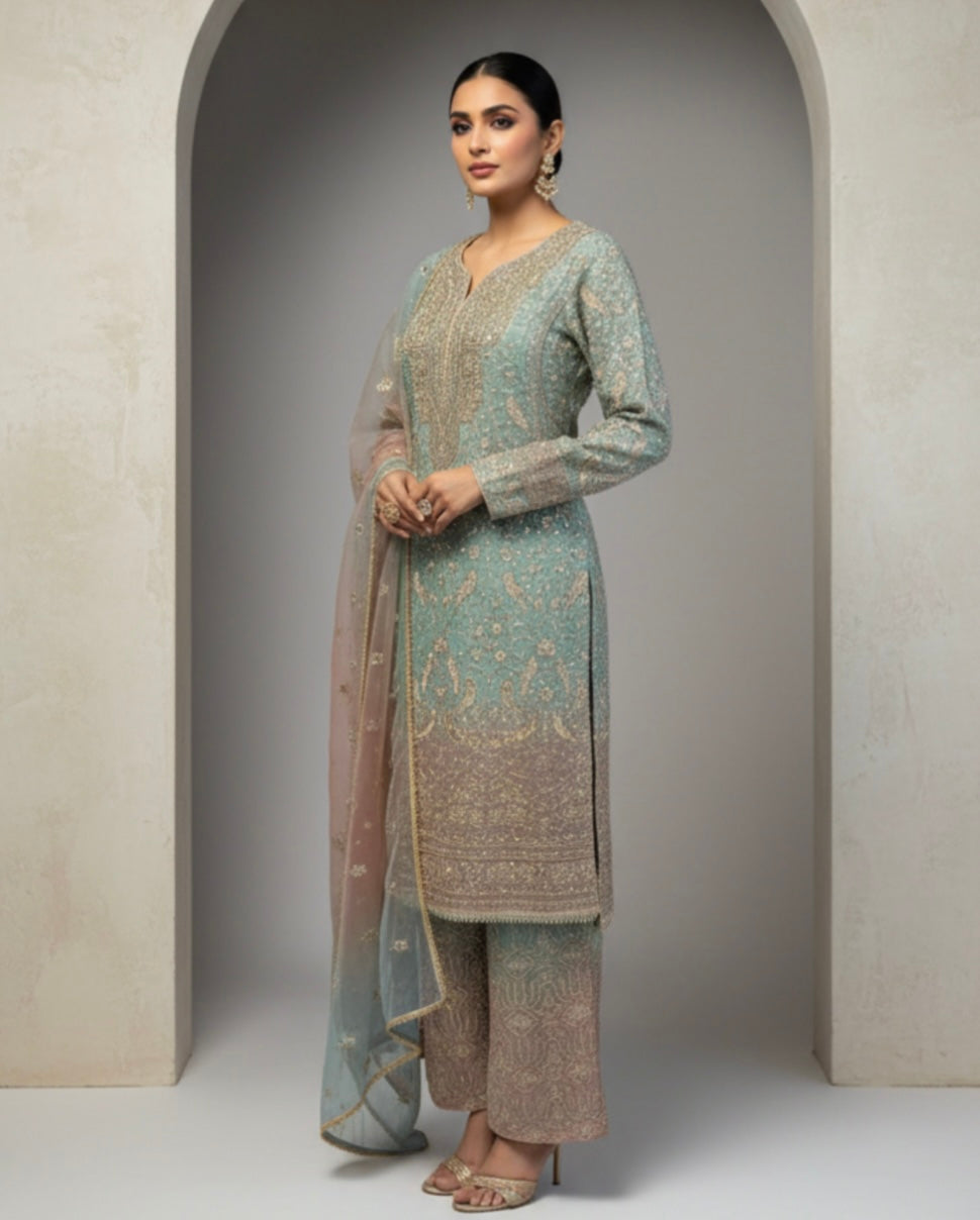 Aqua & Blush Embroidered Plazzo Suit Set with Dupatta