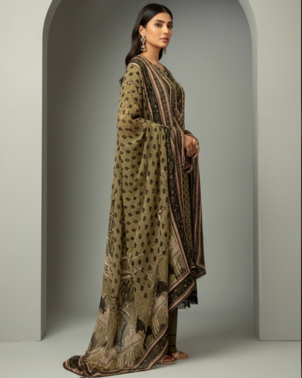 Olive Green & Black Printed Suit Set with Dupatta