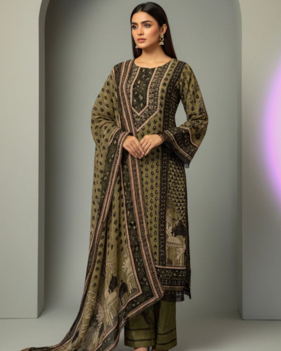 Olive Green & Black Printed Suit Set with Dupatta