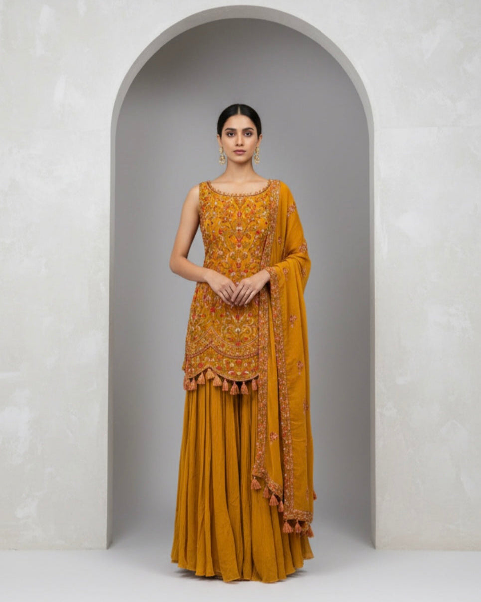 Mustard Delicate Embroidered Sharara Set with Dupatta