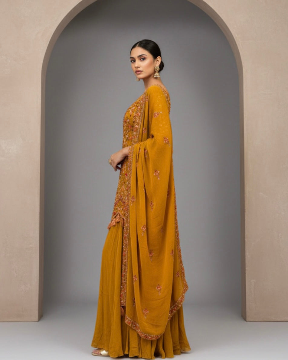 Mustard Delicate Embroidered Sharara Set with Dupatta
