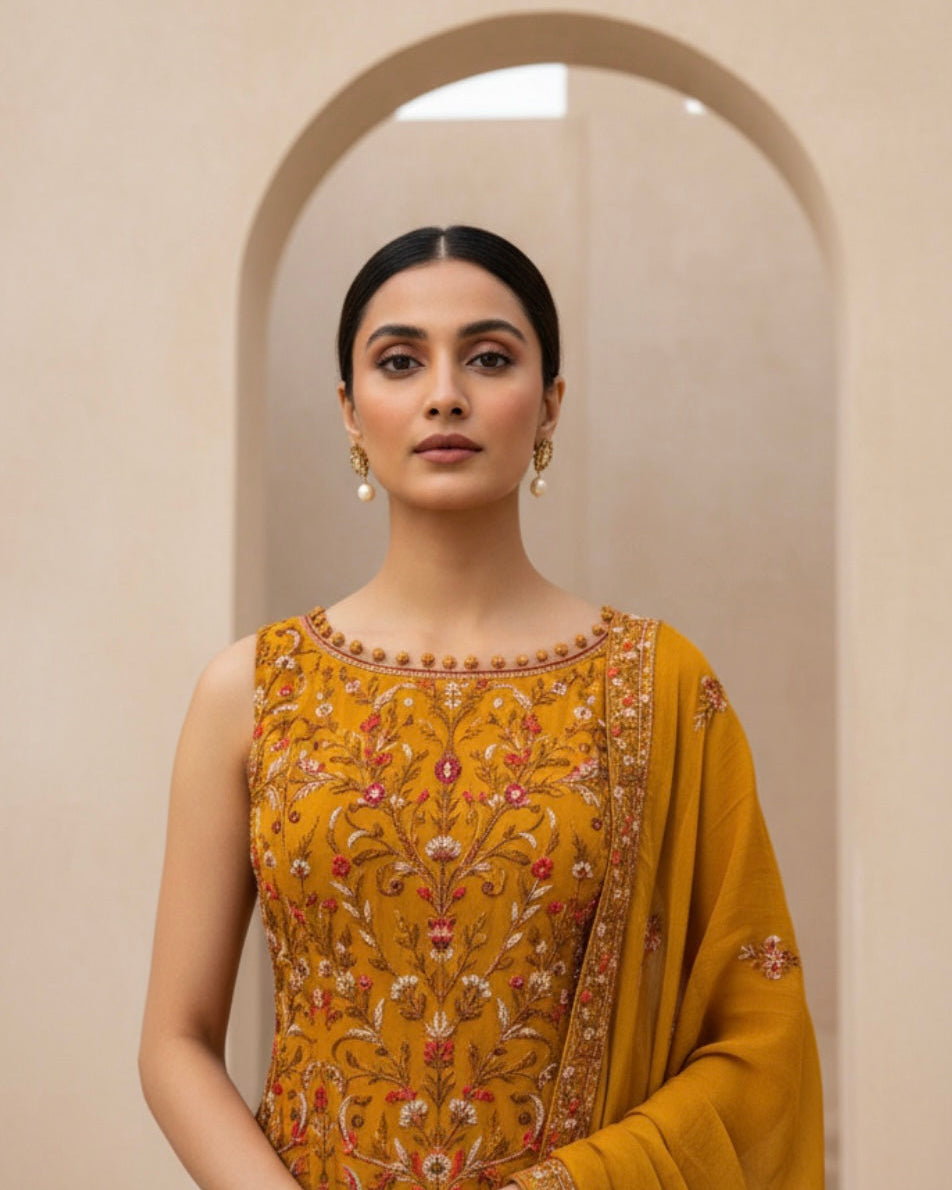 Mustard Delicate Embroidered Sharara Set with Dupatta