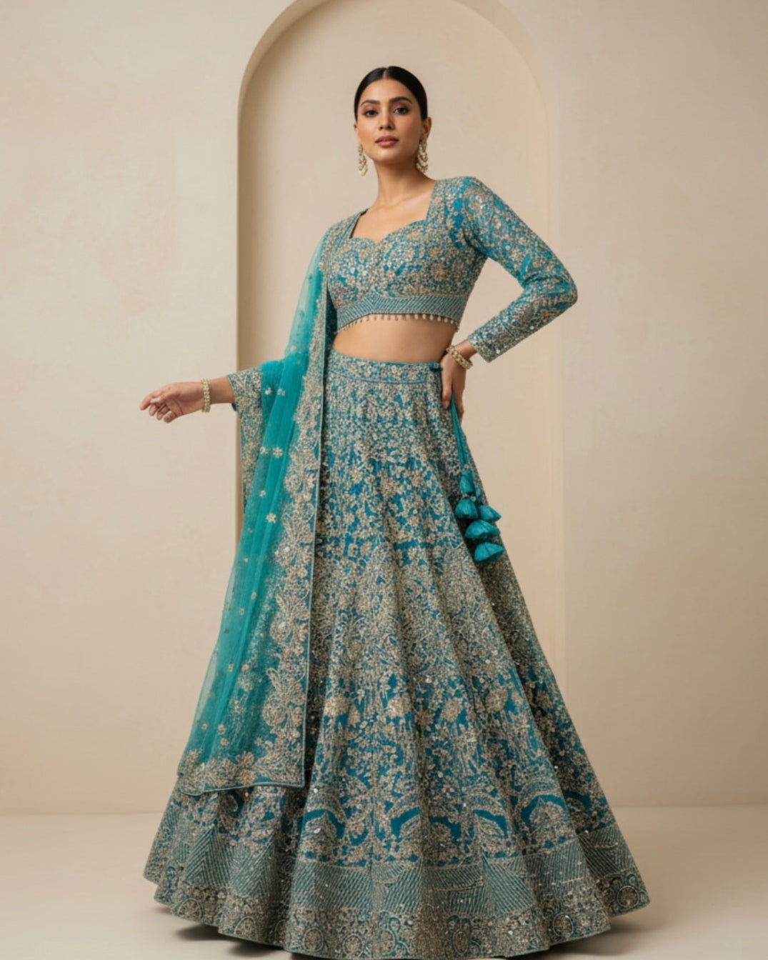 Turquoise Blue Embroidered Lehenga Set