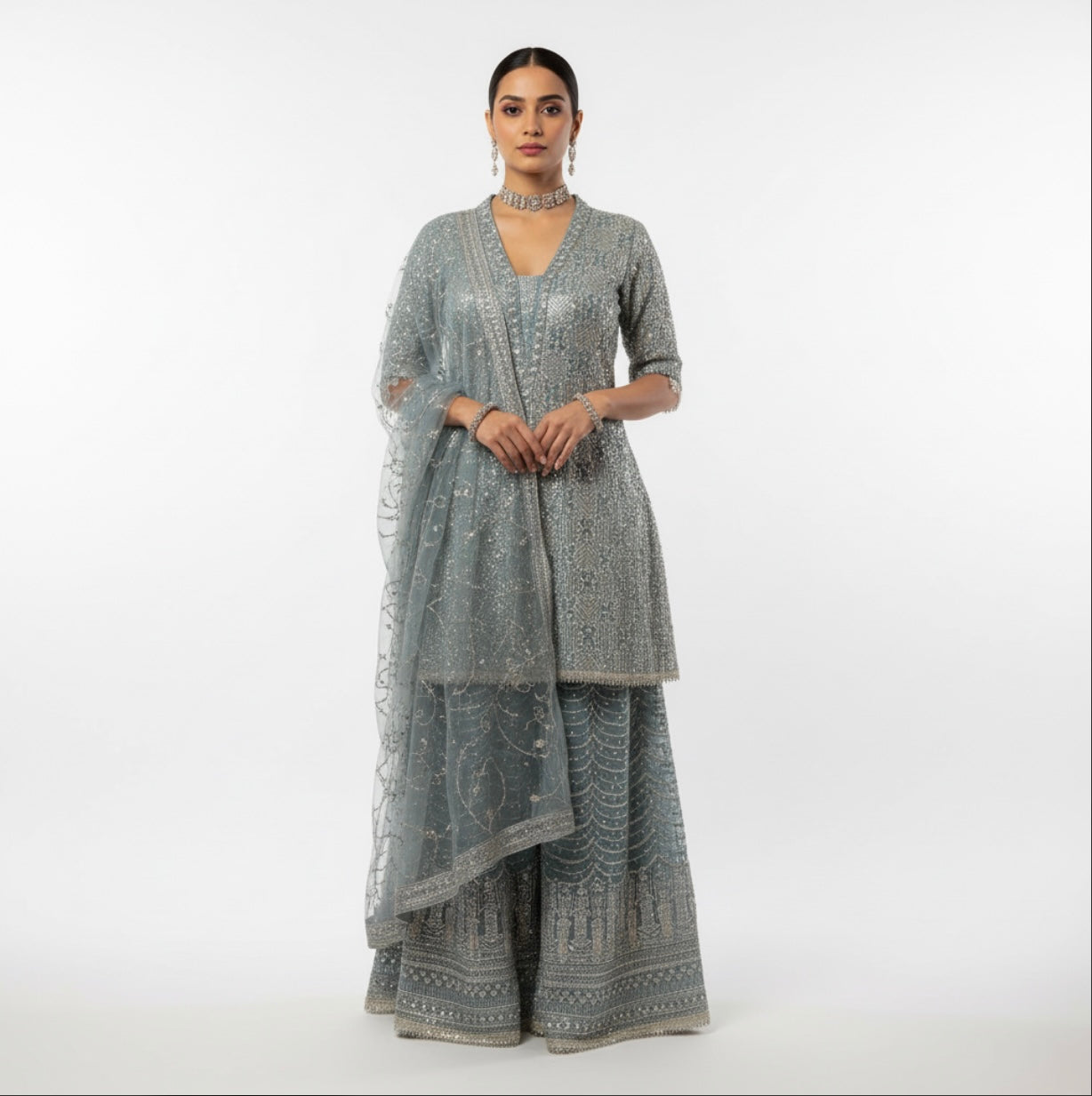 Grey Embellished Kurta and Palazzo Set