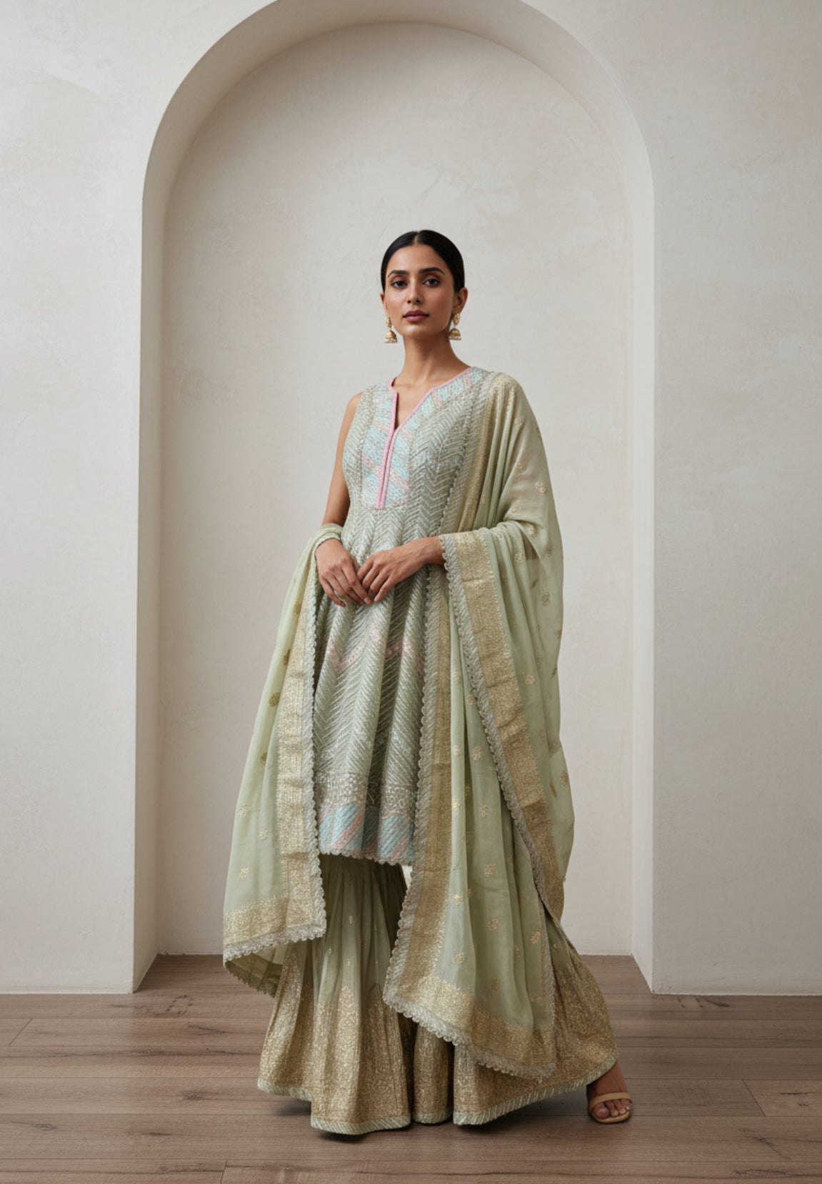 Pastel Green Embroidered Kurta Sharara Set with Dupatta