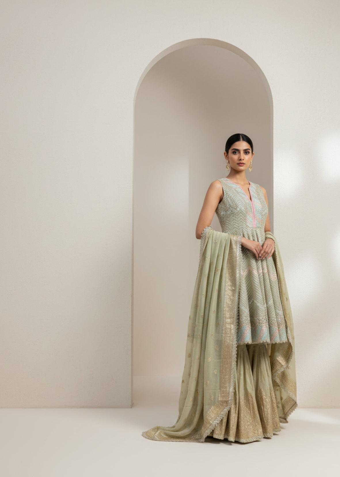 Pastel Green Embroidered Kurta Sharara Set with Dupatta
