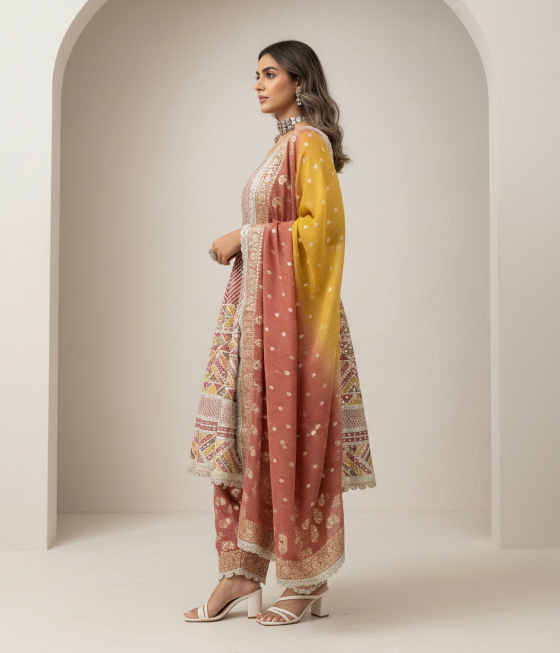 Rust & Mustard Embroidered Kurta and Farshi Salwar Set with Dupatta