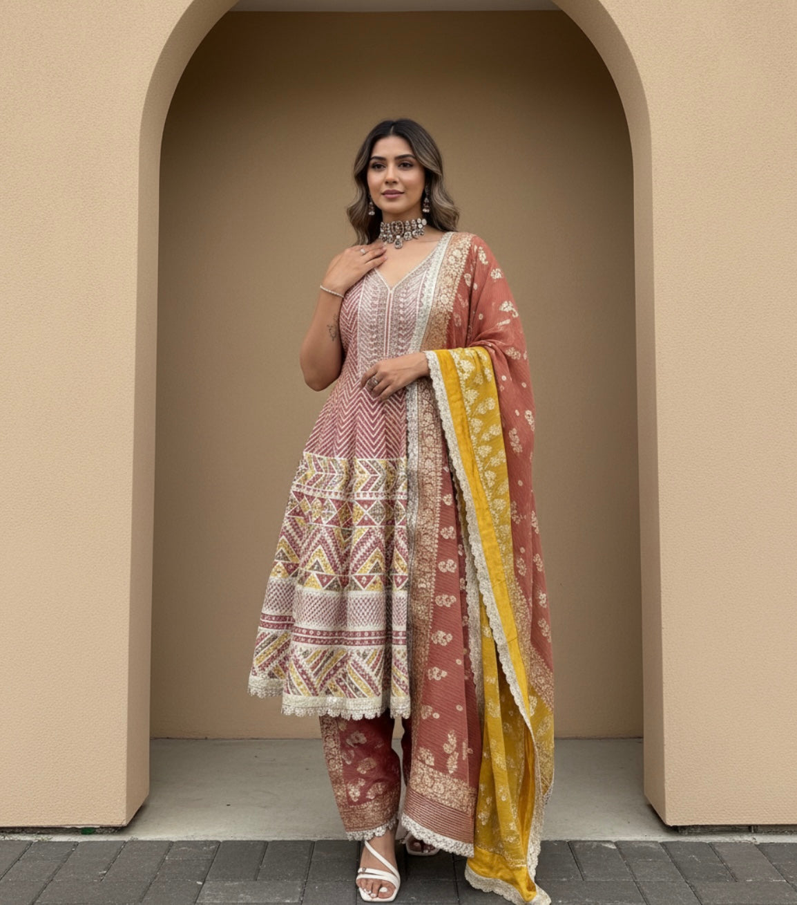 Rust & Mustard Embroidered Kurta and Farshi Salwar Set with Dupatta