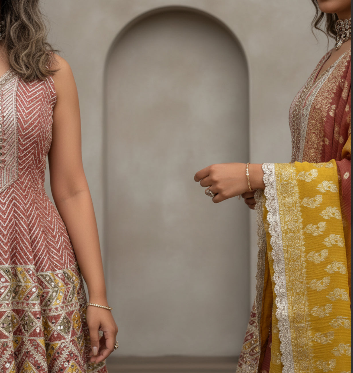 Rust & Mustard Embroidered Kurta and Farshi Salwar Set with Dupatta