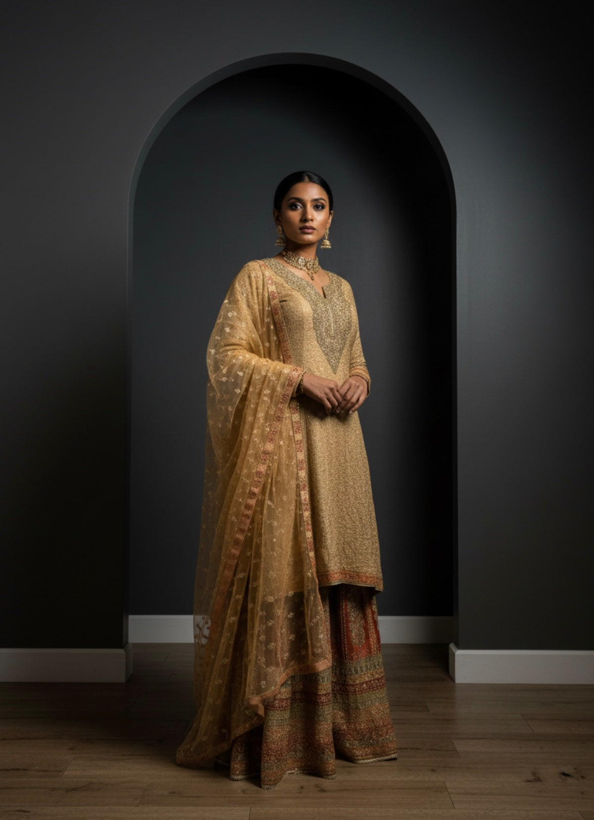 Golden Embroidered Kurta with Printed Sharara & Dupatta