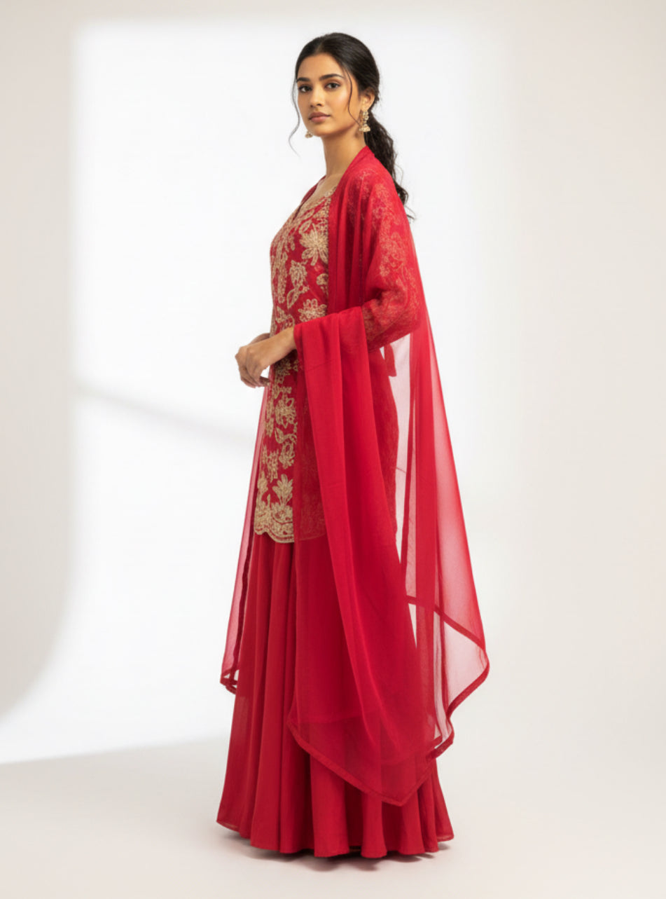 Red Embroidered Sharara Set